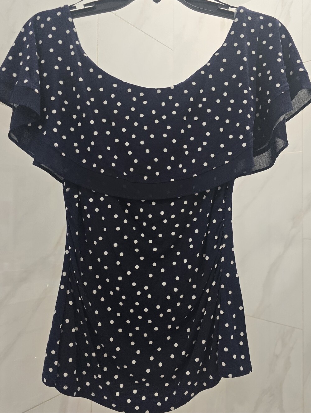 Tommy Hilfiger Navy Polka Dot Flutter-top, off-shoulder sleeveless blouse XS,NWT
